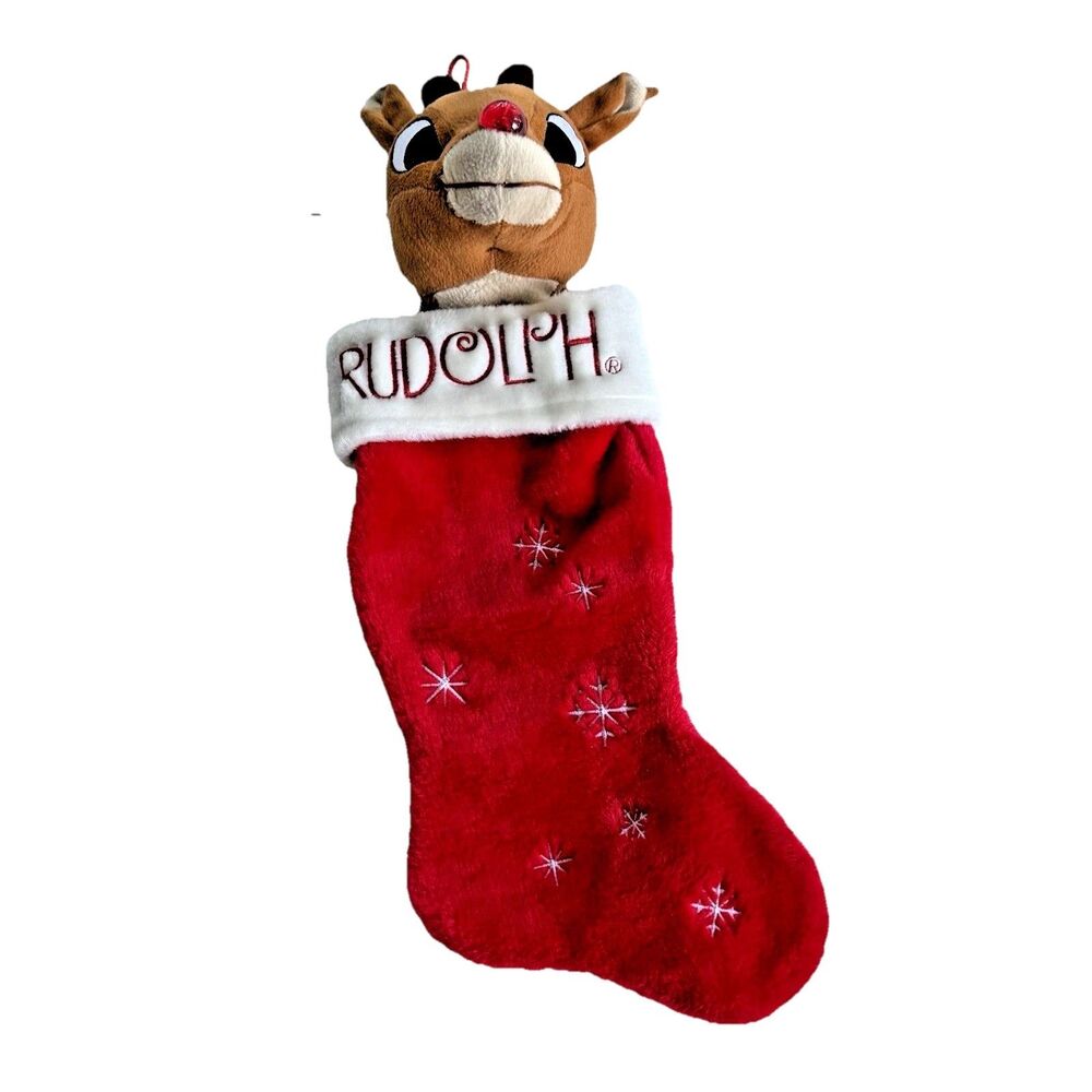 Vtg 90s Rudolph the Red Nose Reindeer Plush Christmas Stocking Red Shiny Nose 3D